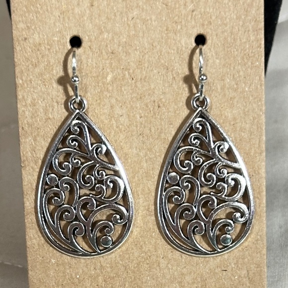 2/$20 Silver Tone Water Droplet Filigree Hook Earrings - Picture 9 of 9